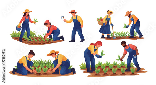 A vector illustration of farmworkers tending to crops in an agricultural field, their diverse characters depicted in a flat design style with bright, earthy tones, set against a clean white