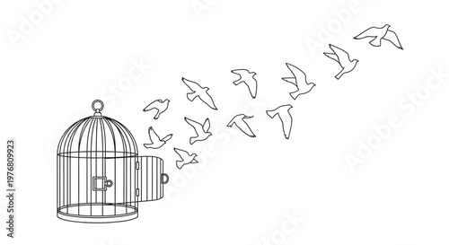 Birds fly free from cage symbolising liberation and opportunity on white