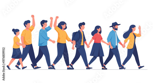 A stylized vector illustration presents a diverse group of civil rights advocate characters marching forward, with some raising their fists in solidarity, set against a clean white