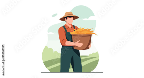 A stylized vector illustration portrays a male character, a farmworker and activist advocating for agriculture, carefully carrying a basket of harvested crops in a minimalist design