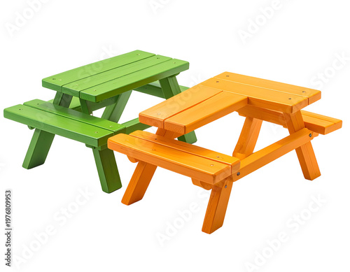 Two miniature wooden picnic tables, green and orange, isolated
