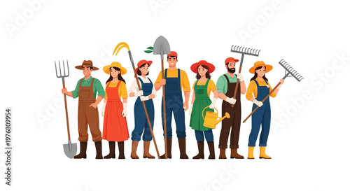 Vector art featuring a group of farmworkers standing together, an illustration of their activism and civil rights advocacy for agriculture, set against a clean white background