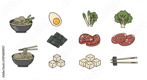 Collection of delicious ingredients for a healthy Asian meal preparation