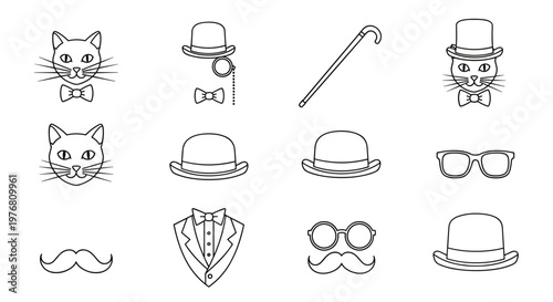 Collection of gentlemanly icons and cat faces with formal accessories