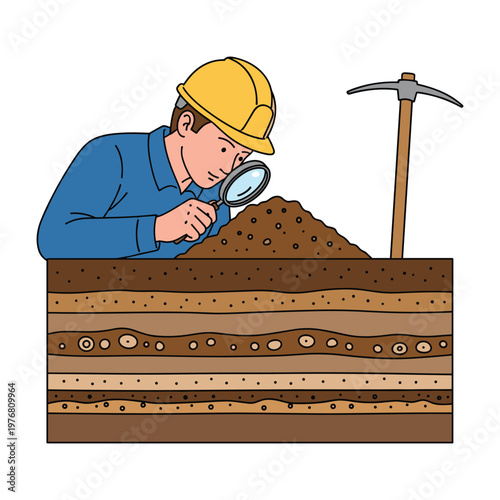 Archaeologist examining soil layers with magnifying glass and pickaxe
