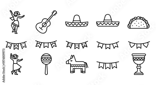 Collection of Mexican cultural icons and party decorations in a simple line art style