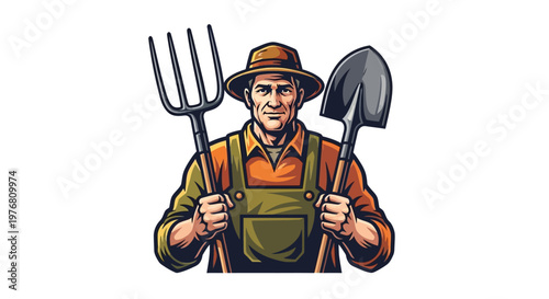A farmworker character design, presented as a vibrant vector illustration, stands tall holding a pitchfork and shovel against a clean white background, embodying the spirit of agriculture