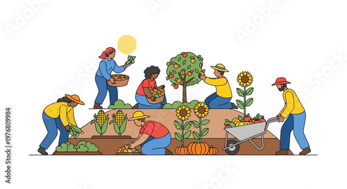 A colorful vector illustration showcases several farmworker characters harvesting crops in an agricultural setting, their labor celebrated on Cesar Chavez day, set against a clean white