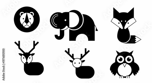 Black and white animal illustrations lion elephant fox deer and owl designs