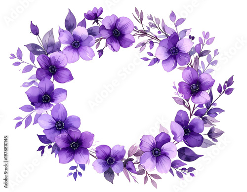 A delicate wreath of purple flowers and leaves