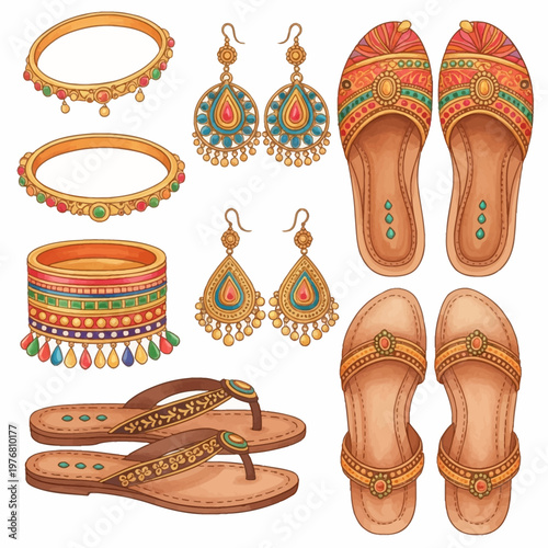 Ornate watercolor illustration of traditional Indian accessories including gold bangles with gemstones, beaded drop earrings, embroidered juttis, and decorative flip-flops.