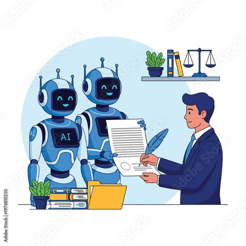 AI Robots Assist Man Signing Contract with Feather Pen and Scales of Justice