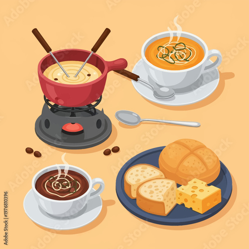 Vector illustration of a cozy food spread featuring a red cheese fondue pot on a heater, bowls of hot creamy soup with garnish, a plate of crusty bread, and a wedge of Swiss cheese.
