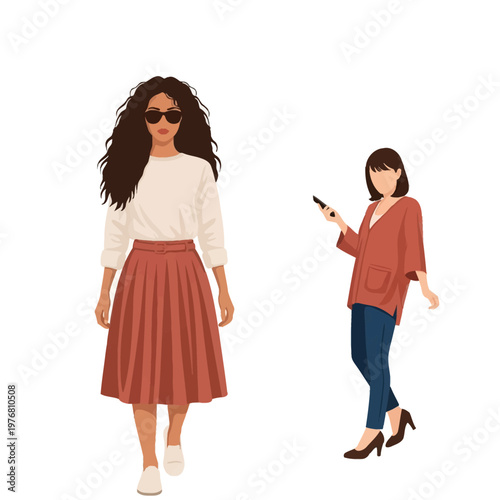 Flat vector illustration of two fashionable women on white background; left figure wearing sunglasses, white top, and pleated midi skirt; right figure holding a smartphone.