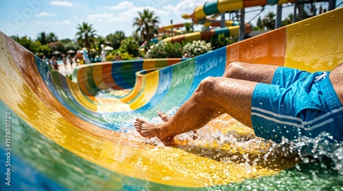 Man sliding down colorful water slide at waterpark. Point of view shot of person riding outdoor attraction. Summer vacation fun, active lifestyle and extreme sport activity concept.