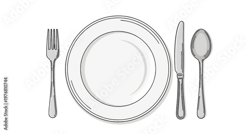 Clean vector illustration of a table setting featuring a white ceramic plate centered between a silver fork on the left and a metal knife and spoon on the right side, top view.
