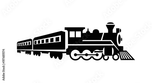 Black and white illustration of a classic steam train on white background