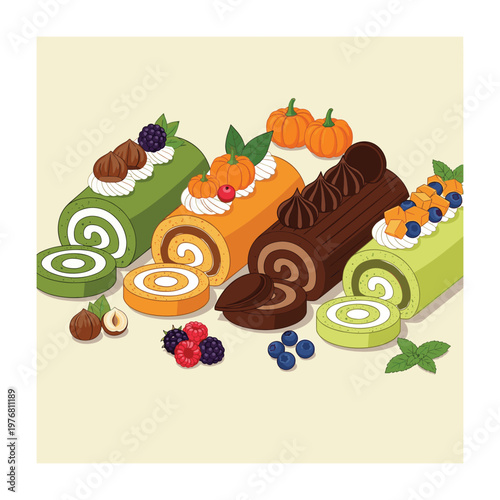 Variety of Swiss Rolls: Matcha, Pumpkin, Chocolate, Mango Blueberry
