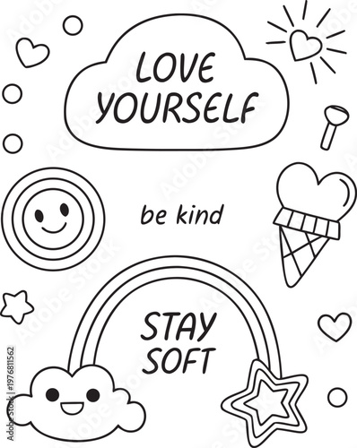 Pastel Doodle Positive Quotes Vector Set Love Yourself Be Kind Stay Soft Cute Hand Drawn Aesthetic Icons Collection