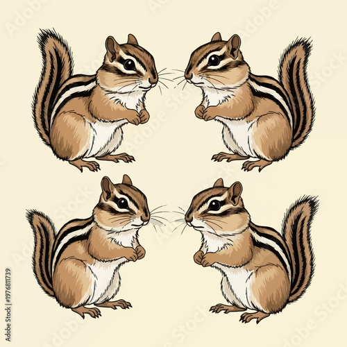 Four highly detailed illustrations of a chipmunk featuring distinctive facial and back stripes, bushy tails, and brown fur, displayed in a grid pattern on a solid neutral background.