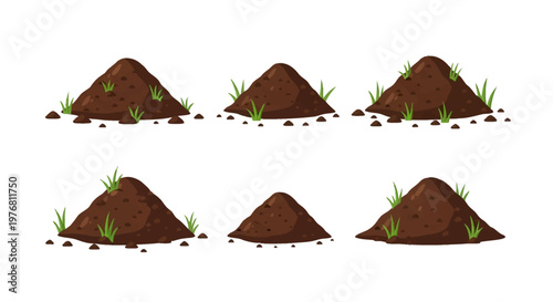 Set of six vector illustrations featuring piles of dark brown organic soil and mounds of earth with small green grass blades and pebbles, isolated on a white background.