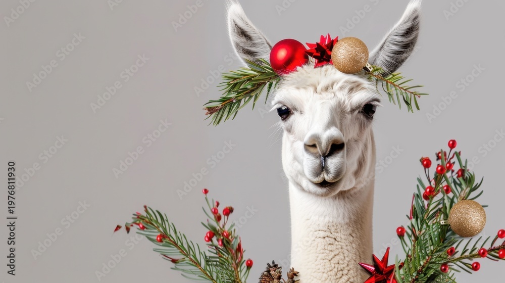 Fototapeta premium Festive llama adorned with Christmas decorations, featuring ornaments and pine branches in a joyful holiday setting