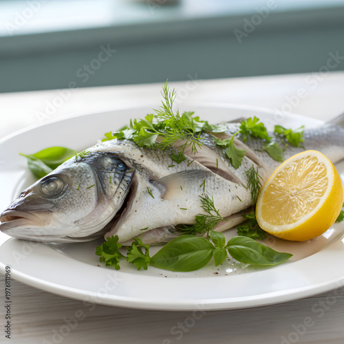 Steamed sea bass fish with herbs