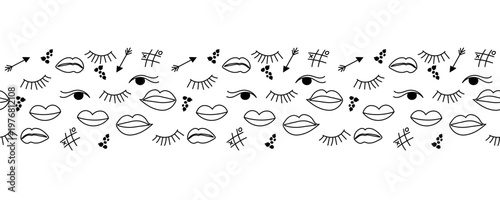 Makeup doodle border seamless with lips, eyelashes, arrows and tic tac toe symbols arranged in horizontal monochrome strip isolated on white background.
