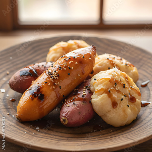 Grilled or baked Japanese sweet potatoes on wood plate