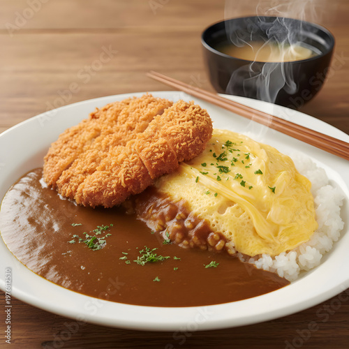 Curry rice with fried pork cutlet and creamy omelet