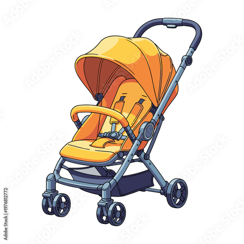 Orange baby stroller with canopy and safety harness, isolated on white background