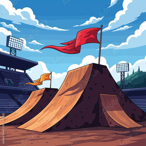 Cartoon Motocross Ramps and Stadium with Flags Under Sunny Sky