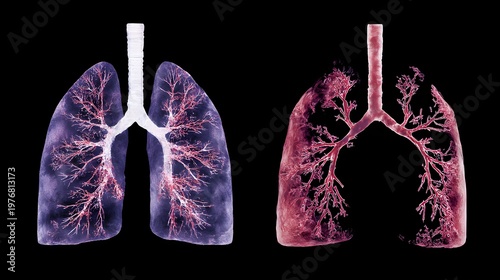 Human lungs comparison showing healthy and diseased respiratory system