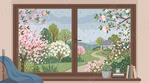 Blooming flowers on window sill outside.