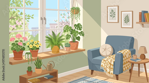 Blue Armchair with Pillow and Blanket.