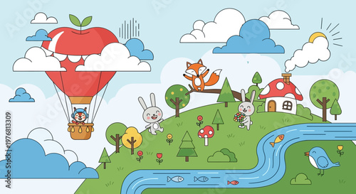 A cartoon landscape with a hot air balloon and animals isolated on transparent background, isolated on white background, Vector