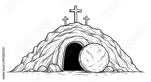 A cave with a stone rolled away from the entrance isolated on transparent background, isolated on white background, Vector