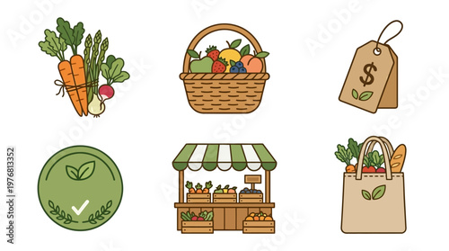 Fresh Vegetable Market Shopping Icons.