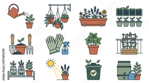 Gardening tools and plants icons set.