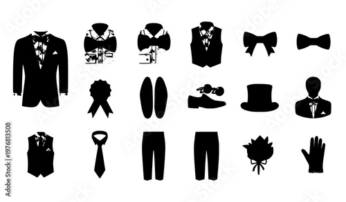 Title:
Bowtie ribbon tuxedo vector icons set with formal wear jacket shirt and accessory illustrations for web and UI