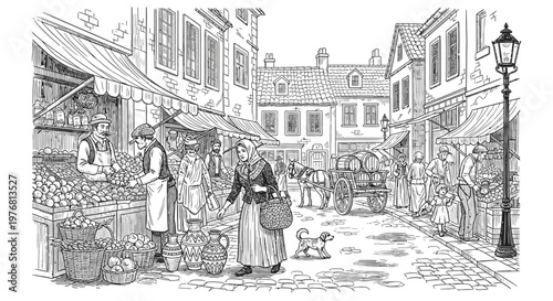 Black and white illustration of a bustling marketplace with vendors and shoppers
