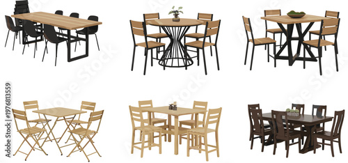 Dining Table and Chair Sets Vector Illustration Collection with Wooden Furniture for Kitchen Dining Room Interior Design Isolated on Background