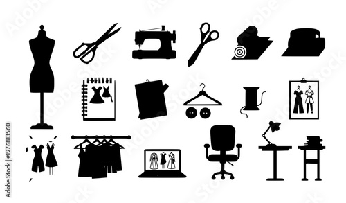 Title:
Fashion designer studio vector icons set with sewing mannequin scissors fabric and workspace elements flat design