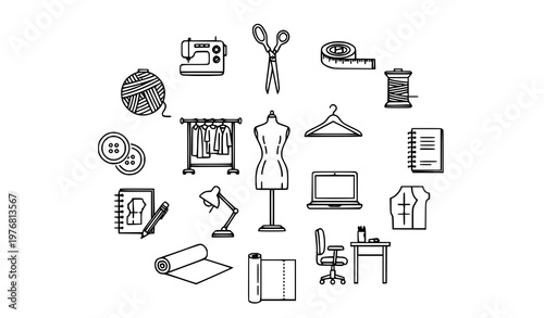 Title:
Fashion designer studio outline icons set with thin line sewing mannequin scissors and workspace symbols for UI design