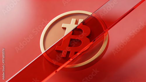 No Bitcoin Allowed Sign with 3D Gold Coin and Red Strikeout Glass