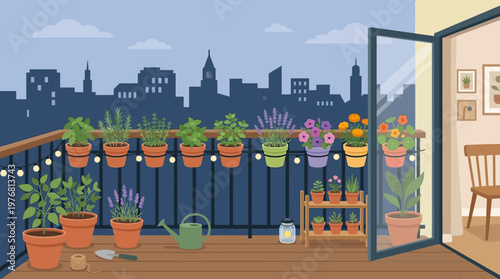 Potted plants on balcony railing outside.