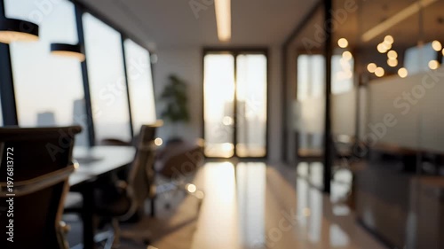 A blurred view down a modern office corridor with warm lighting.