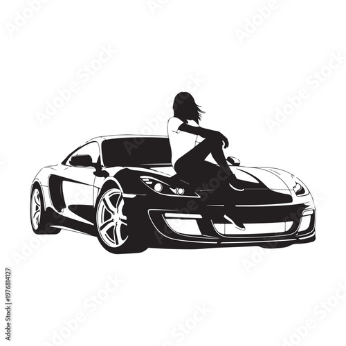 Sexy Woman Sitting on Sports Car Hood Luxury Automotive Vector Illustration