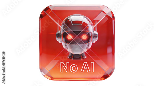 Futuristic No AI Zone Icon with Robot Face and Glassy Texture