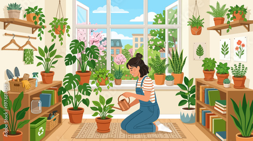 Woman kneeling with potted houseplant indoor.